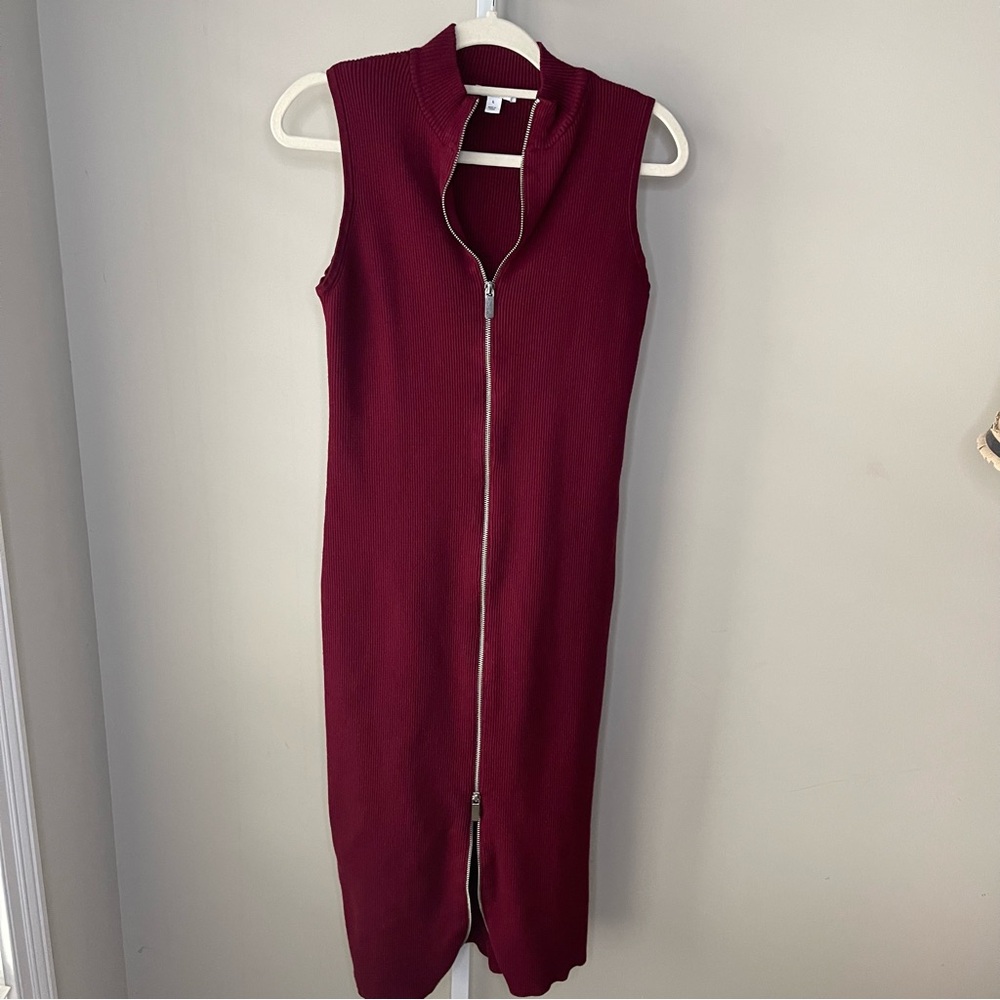 Bar III Burgundy Ribbed Knit Zip Front Sleeveless Midi Dress Size L